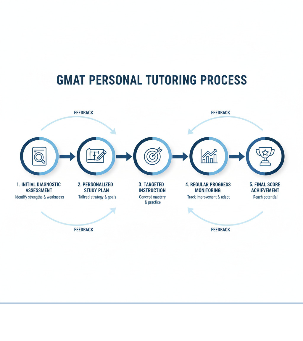 Infographic showing the GMAT personal tutoring process: Initial diagnostic assessment leads to personalized study plan creation, followed by targeted instruction sessions, regular progress monitoring, and final score achievement with feedback loops throughout - gmat personal tutor infographic 