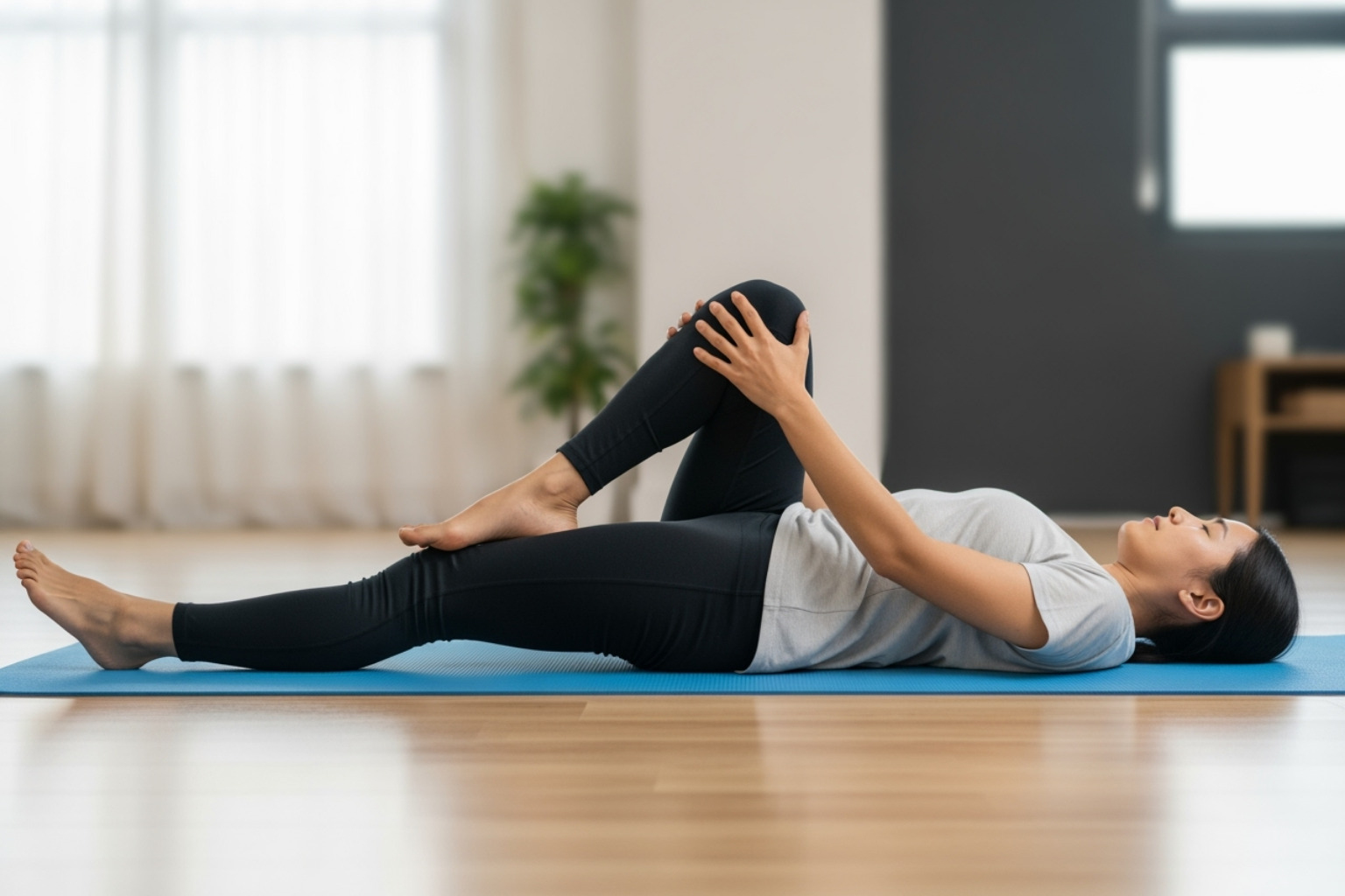 Person illustrating a gentle knee-to-chest stretch - immediate relief for sciatica pain