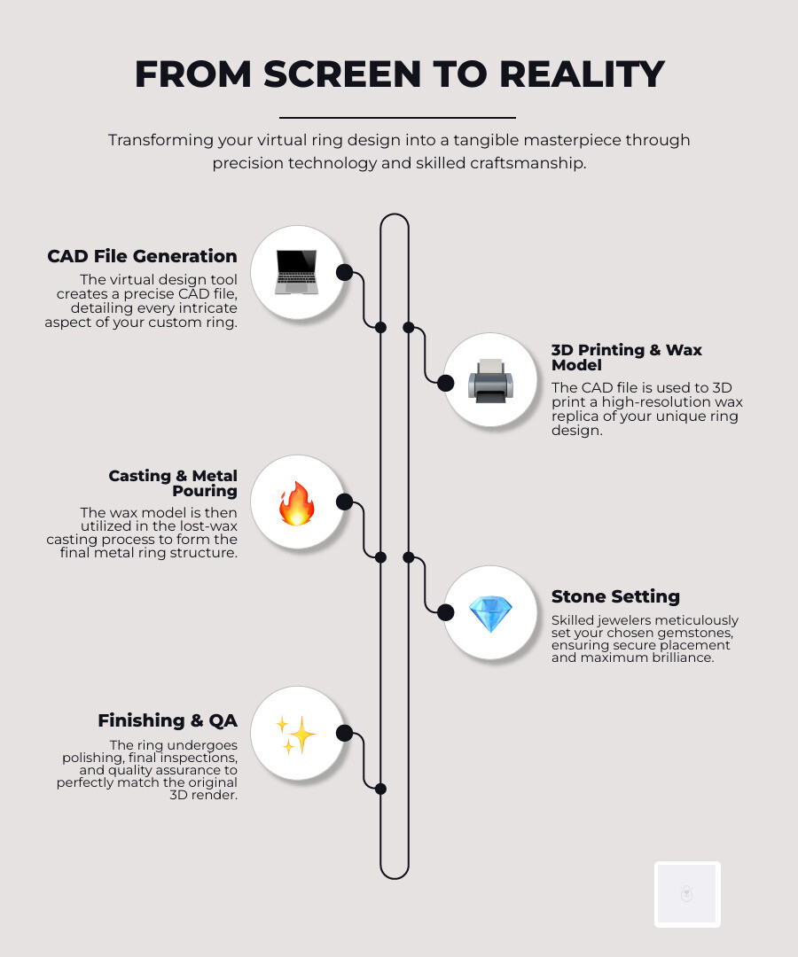infographic showing 3D file to finished ring - virtual ring design infographic infographic-line-5-steps-neat_beige