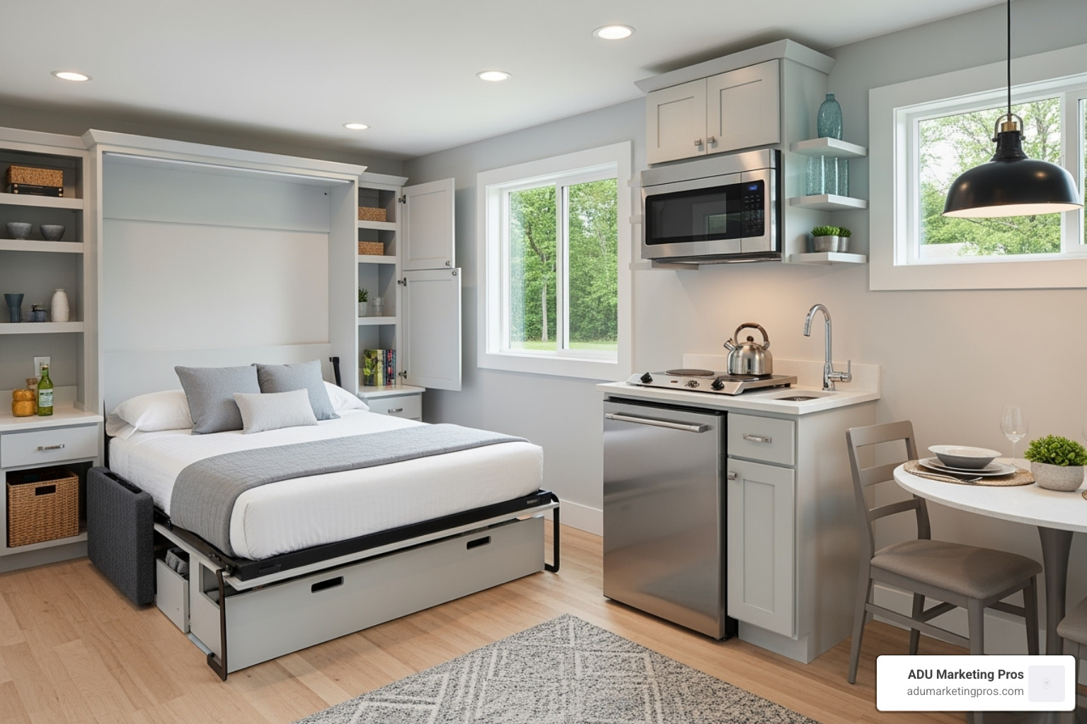 Cleverly designed interior of a single garage conversion, showing a Murphy bed and a compact, efficient kitchenette - convert single garage to granny flat