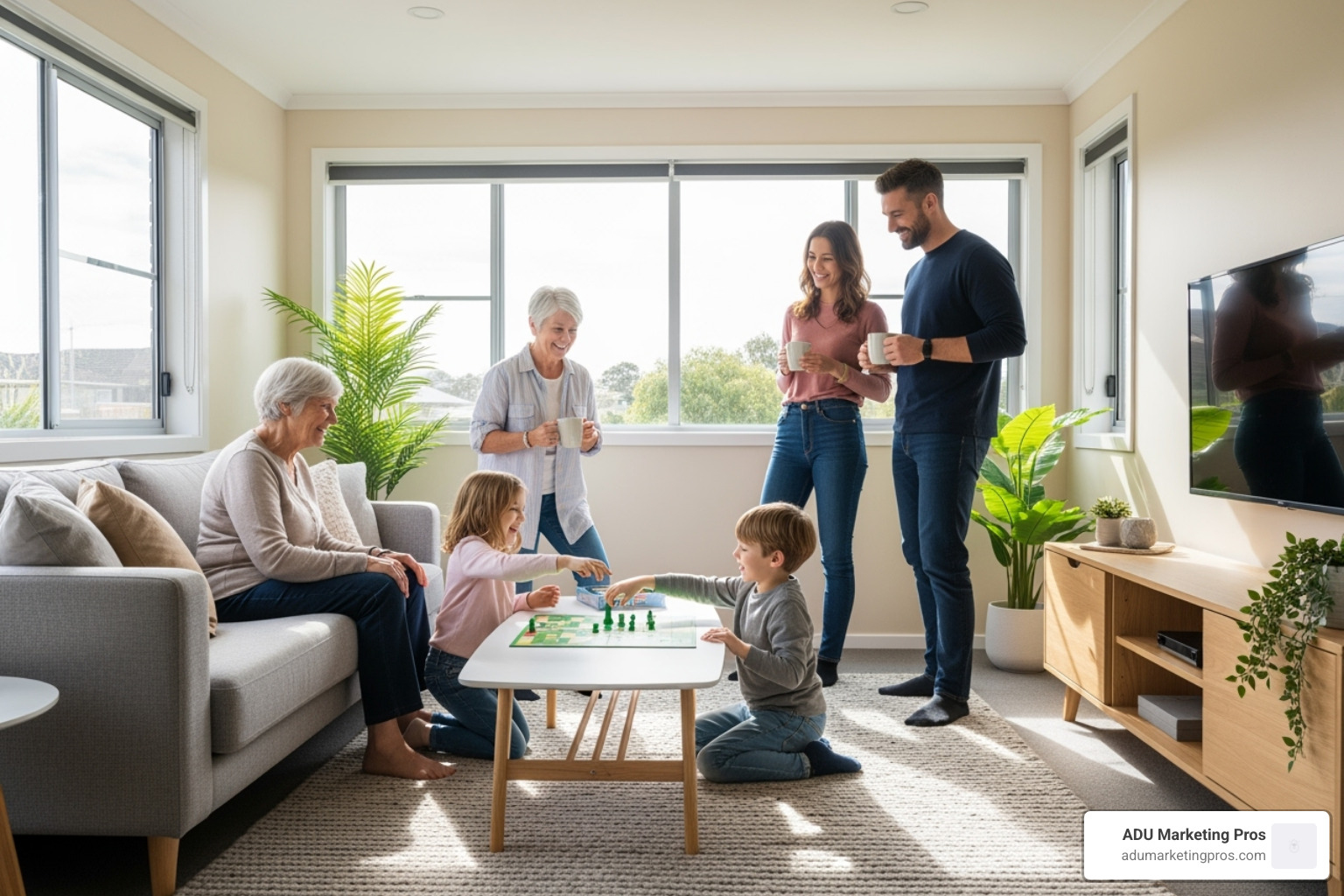 Happy family with an elderly parent in the bright, modern interior of a converted granny flat - convert single garage to granny flat