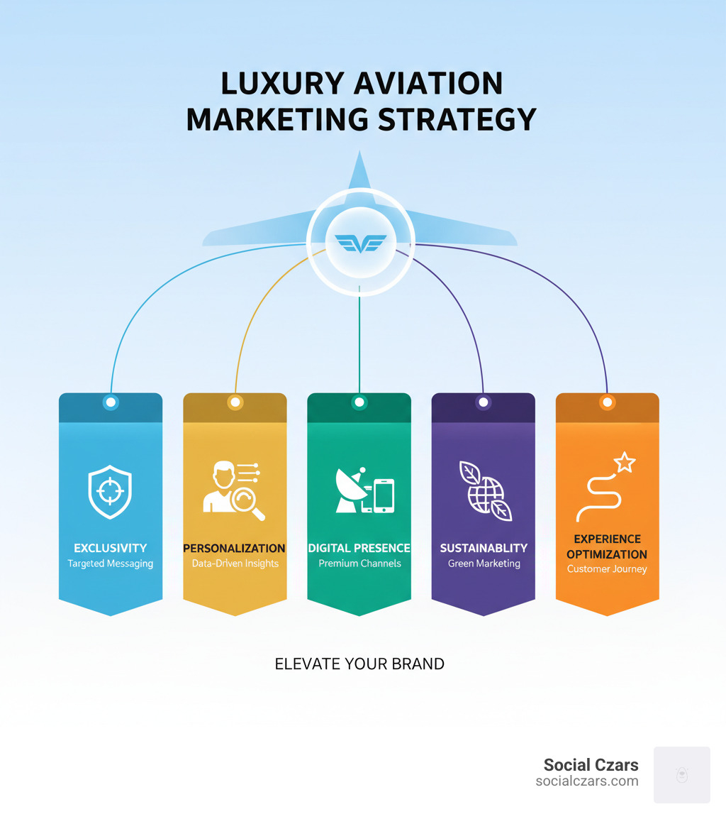 Luxury Aviation Marketing Strategy Framework showing the five pillars: Exclusivity through targeted messaging, Personalization via data-driven insights, Digital Presence across premium channels, Sustainability initiatives and green marketing, and Experience optimization throughout the customer journey - luxury aviation marketing infographic 