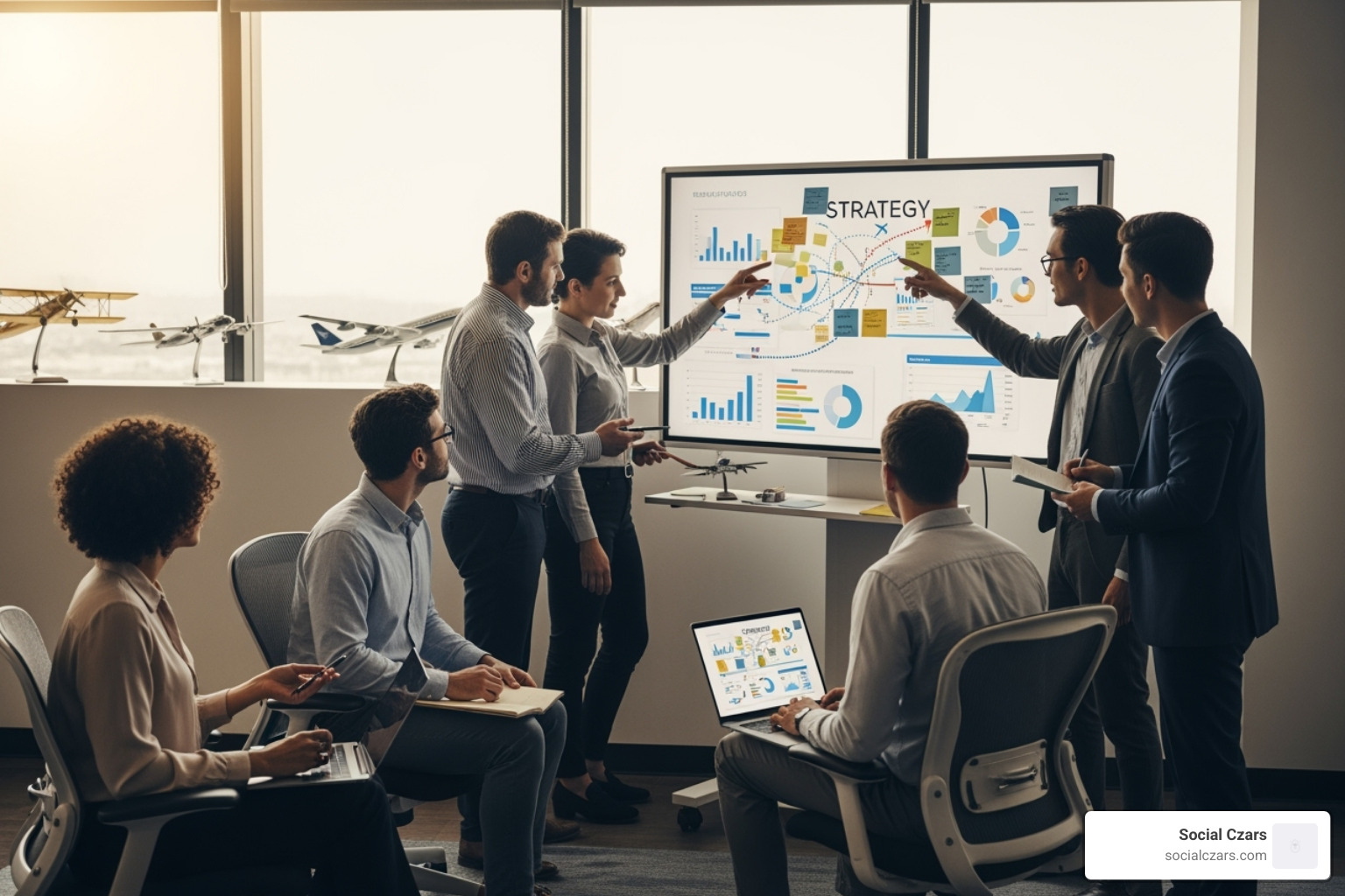 marketing team collaborating on a strategy board with aviation imagery - luxury aviation marketing