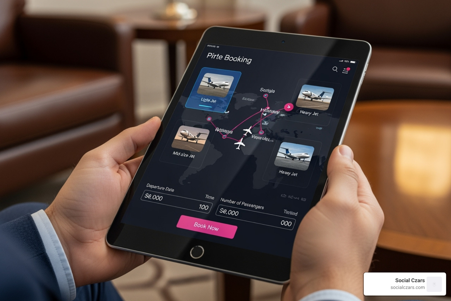 person using a tablet to book a private jet, showcasing a sleek user interface - luxury aviation marketing