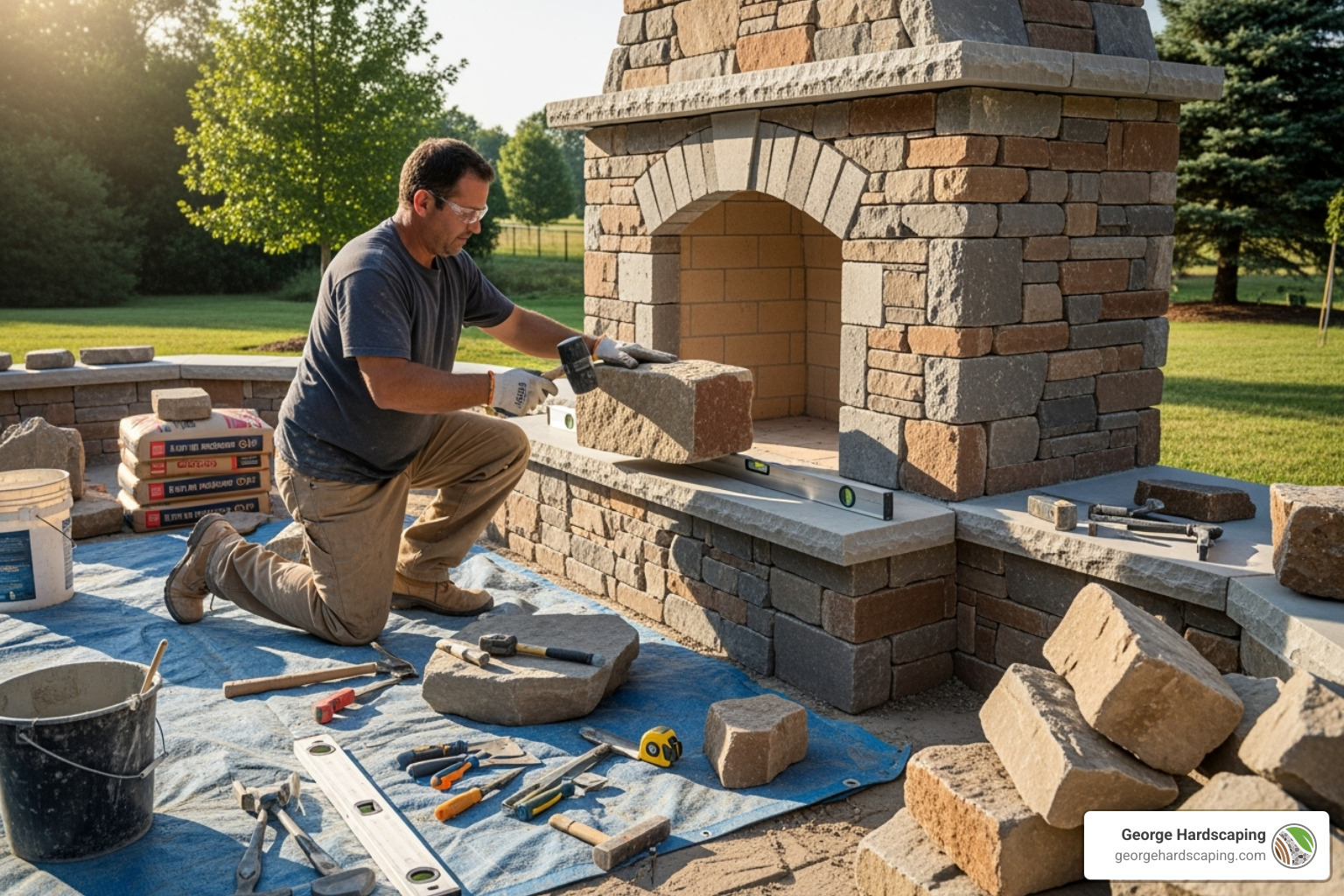 A hardscaping professional carefully placing a stone on a custom outdoor fireplace under construction, with tools and materials visible - patio fireplace