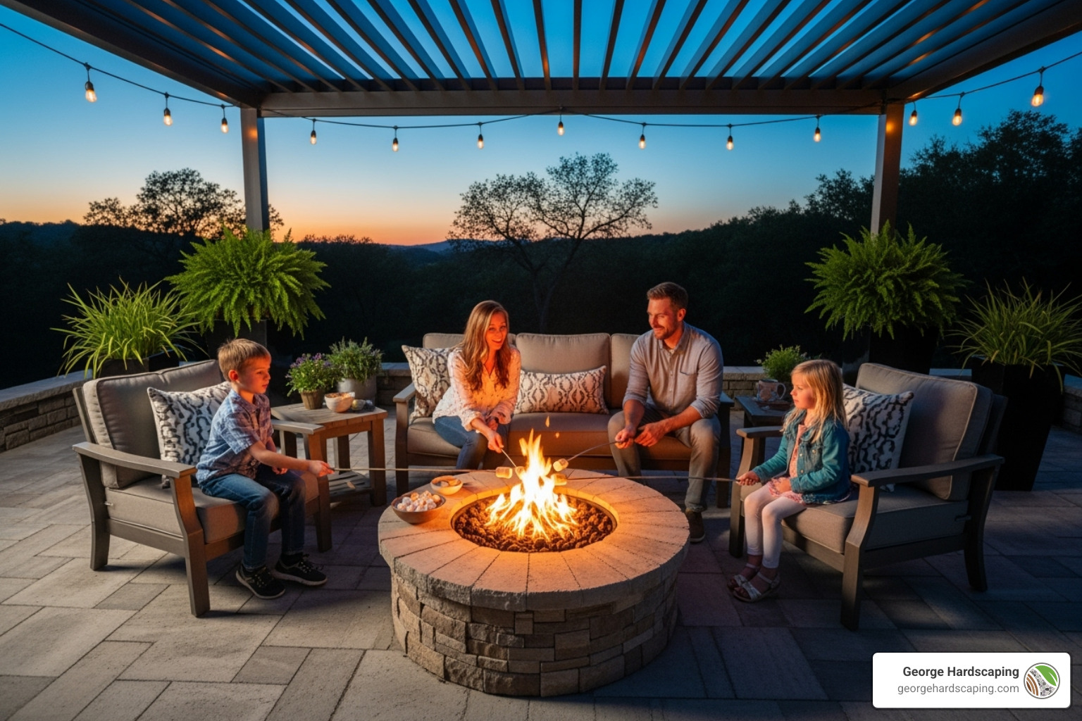 A family roasting marshmallows over a patio fire pit at dusk, surrounded by comfortable outdoor seating - patio fireplace