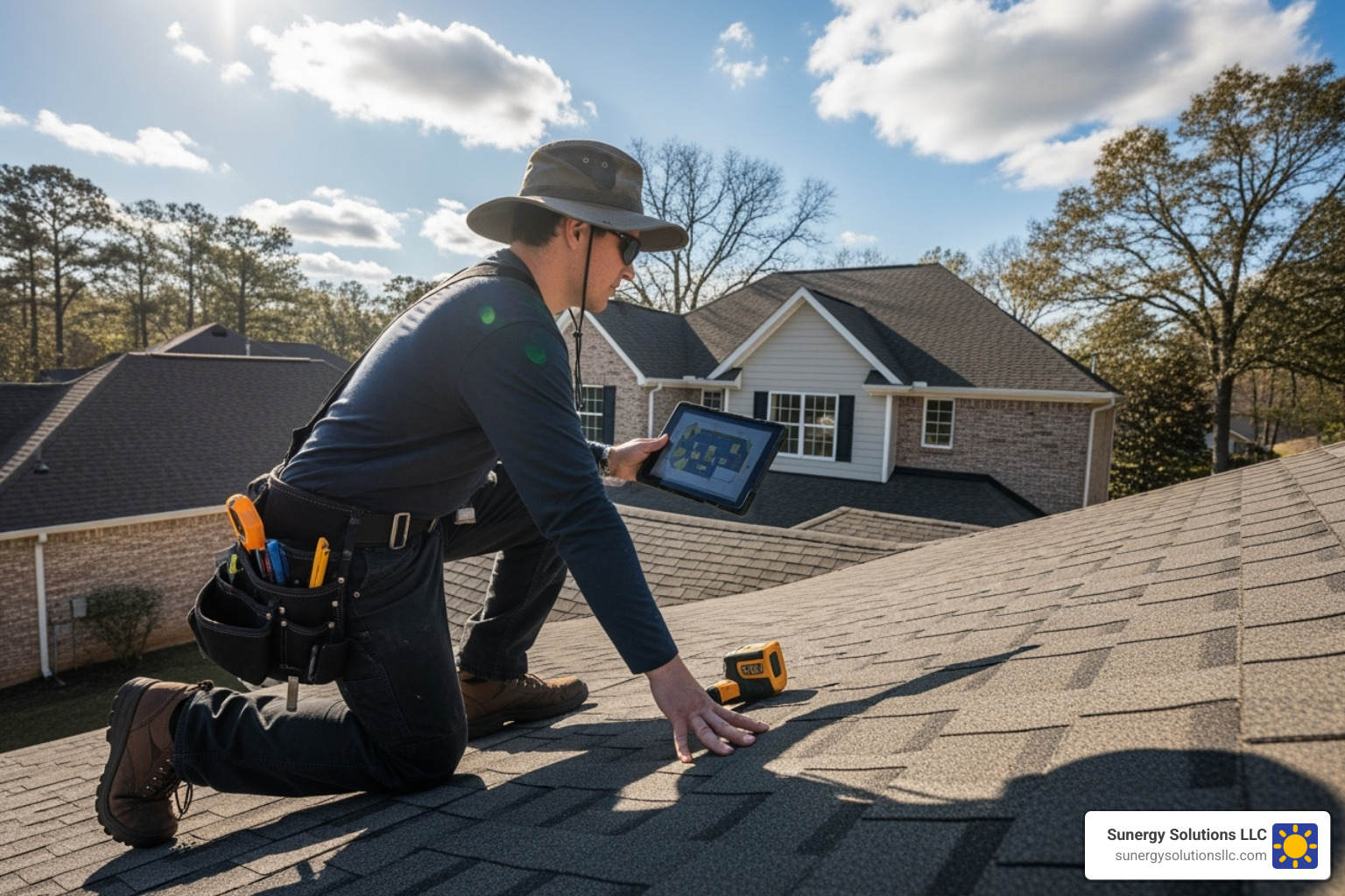 solar installer assessing a roof for solar panel suitability - Residential Solar Systems solar installer assessing a roof for solar panel suitability - Residential Solar Systems