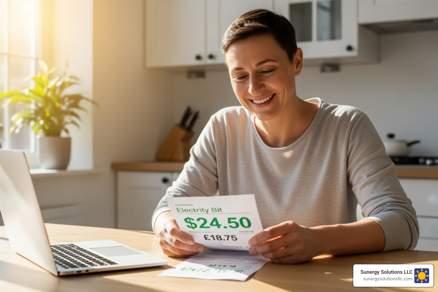 homeowner reviewing their significantly lower electricity bill with a smile - Residential Solar Systems homeowner reviewing their significantly lower electricity bill with a smile - Residential Solar Systems
