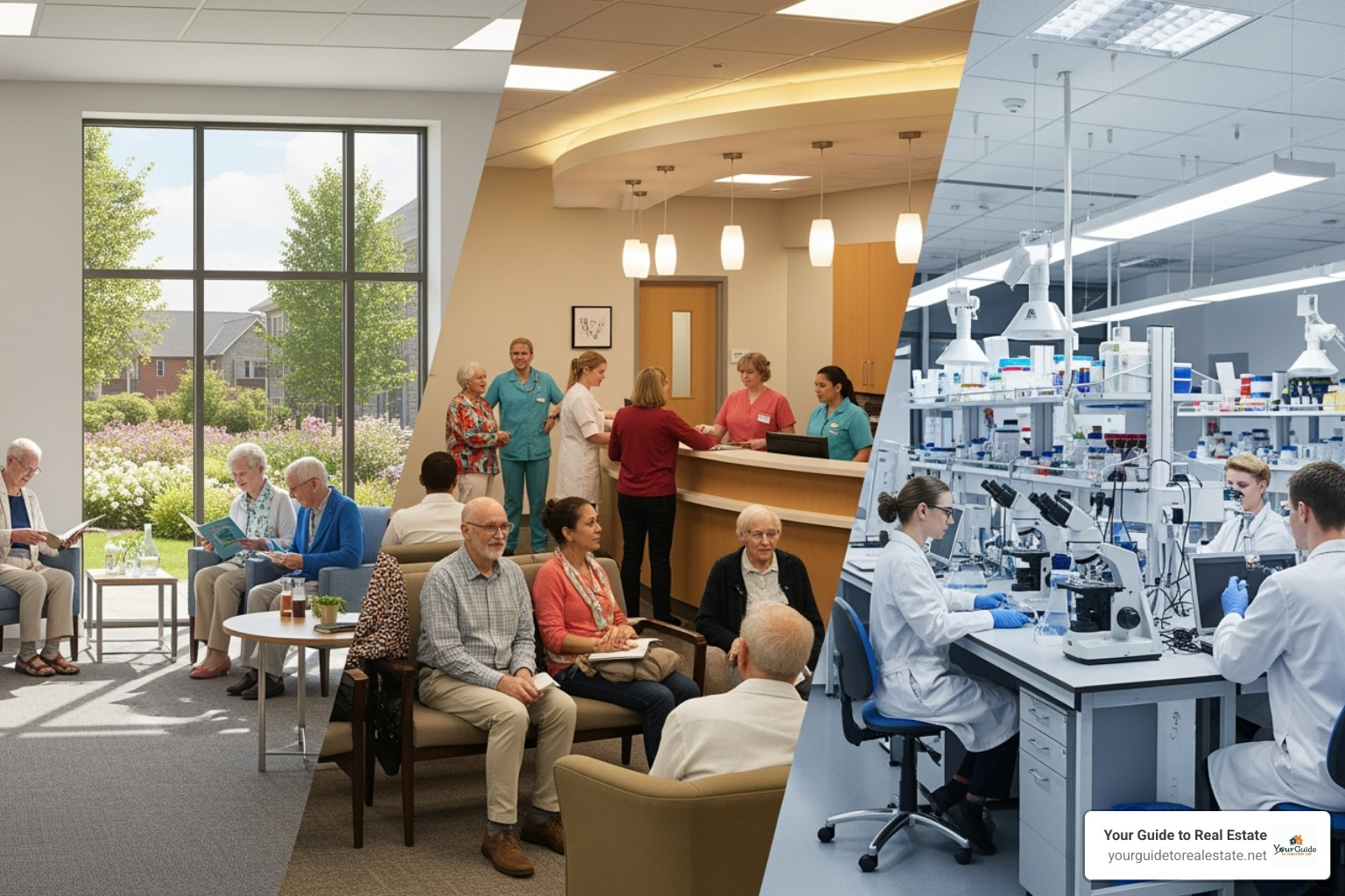 A collage showing different healthcare facilities like a senior living community, a clinic, and a lab - healthcare real estate financing