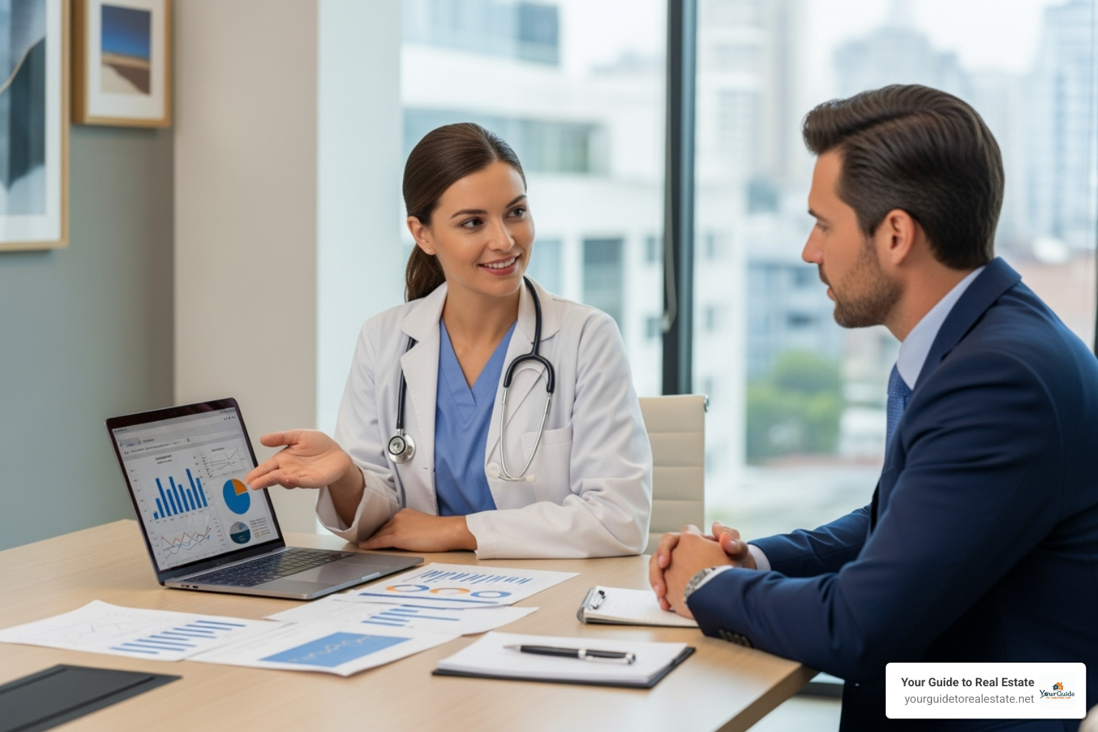 A healthcare professional meeting with a financial advisor - healthcare real estate financing
