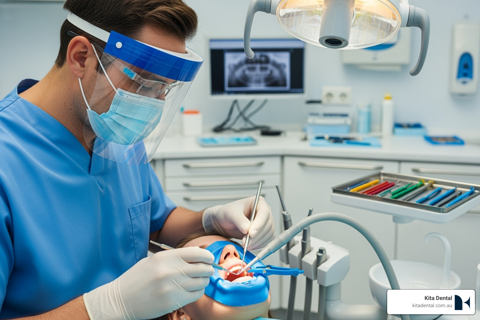 A dentist in a clinical setting discussing advanced implant procedures with a patient A dentist in a clinical setting discussing advanced implant procedures with a patient