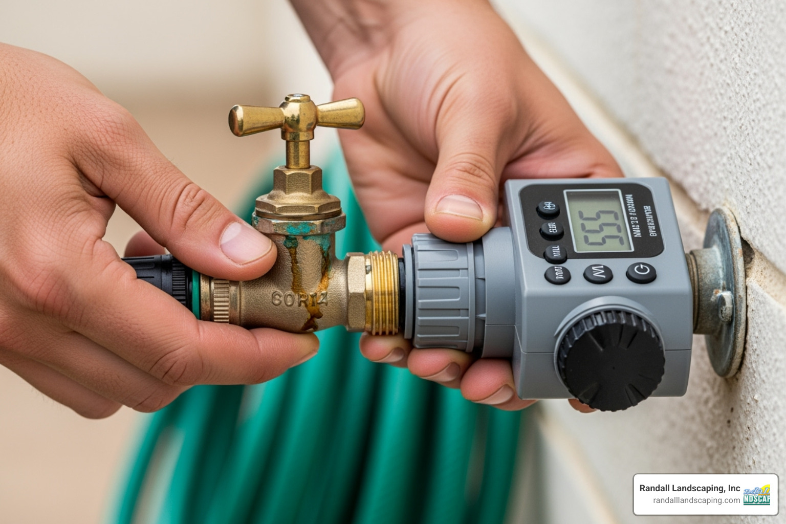 person connecting a timer to an outdoor spigot - garden irrigation system with timer