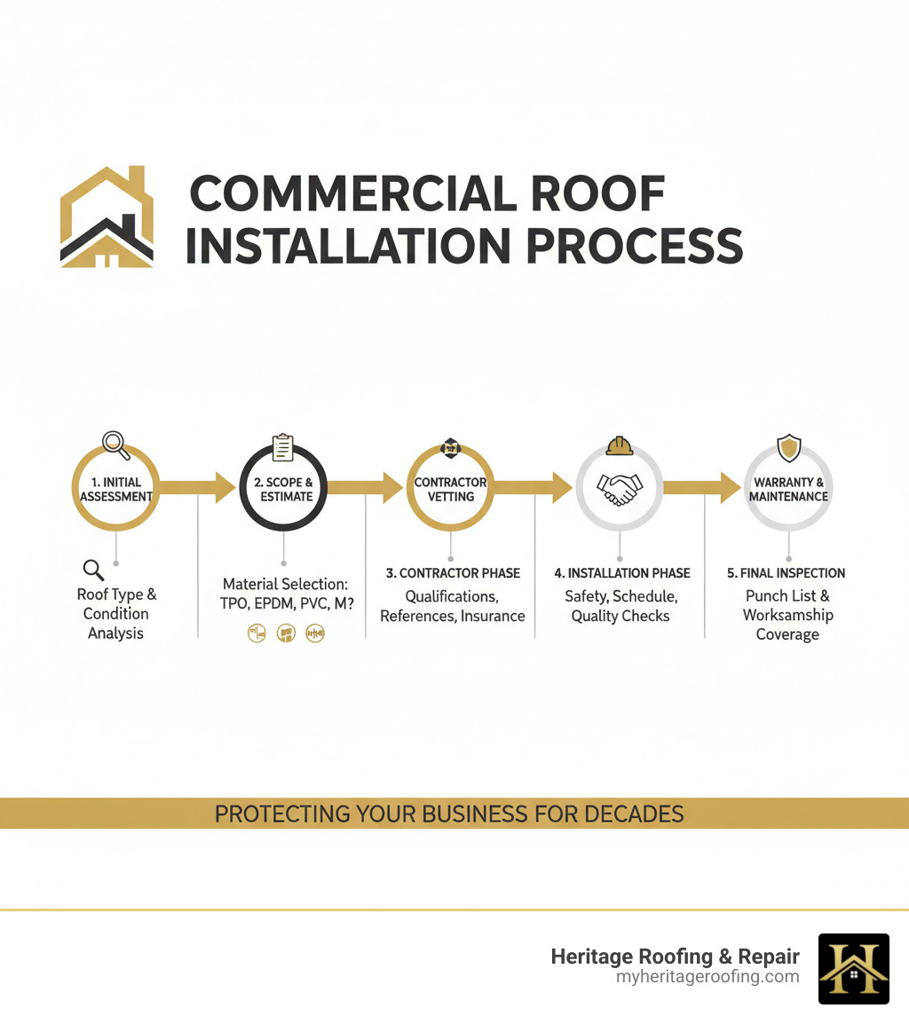 Infographic showing the complete commercial roof installation process from initial assessment through final inspection, including key decision points for material selection, contractor vetting, and warranty considerations - commercial roof installation company infographic 