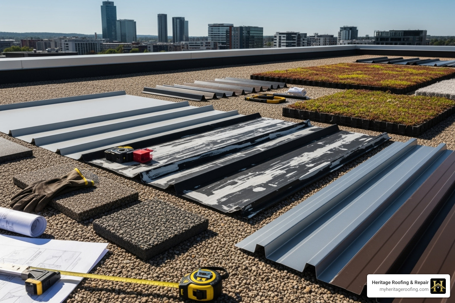 Various commercial roofing material samples like TPO, EPDM, and Metal - commercial roof installation company