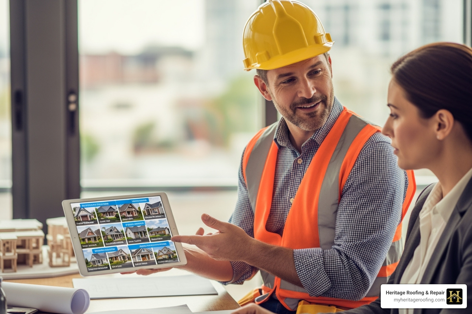 A contractor showing a business owner their portfolio of completed projects - commercial roof installation company