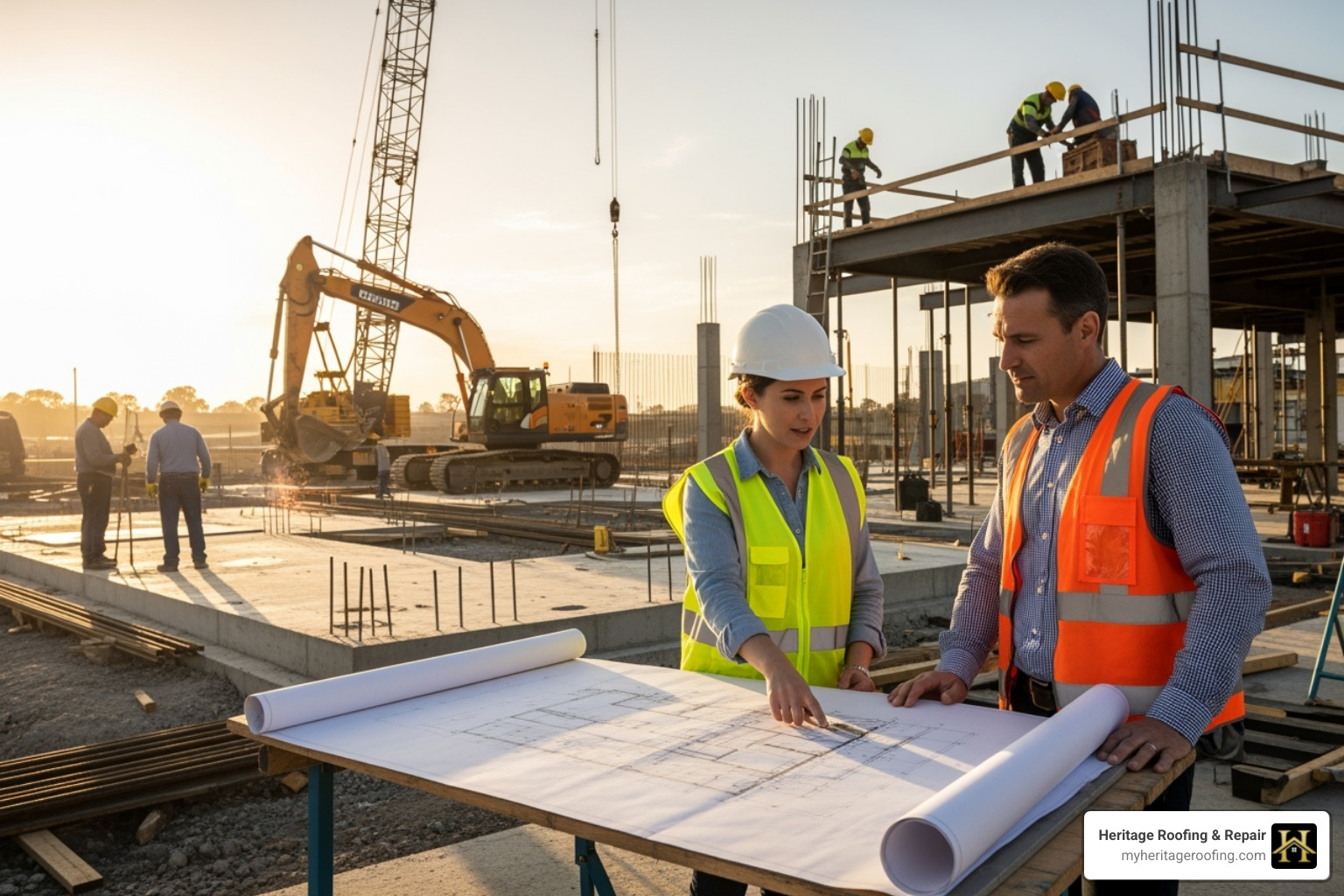 A project manager reviewing blueprints on-site with a business owner - commercial roof installation company