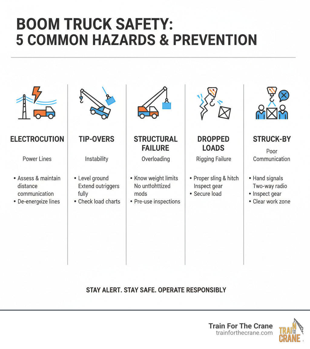 Comprehensive boom truck safety training infographic showing the five most common hazards: electrocution from power lines, tip-overs from instability, structural failures from overloading, dropped loads from rigging failures, and struck-by incidents from poor communication, along with prevention strategies for each hazard - boom truck safety training infographic 