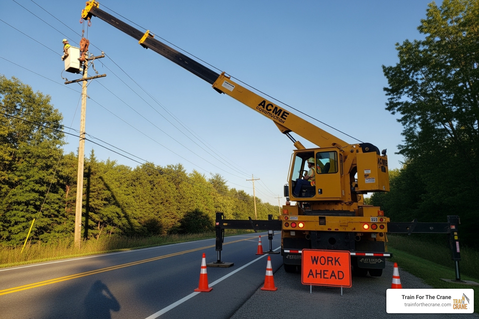 Boom truck operating near power lines, emphasizing safe distance - boom truck safety training