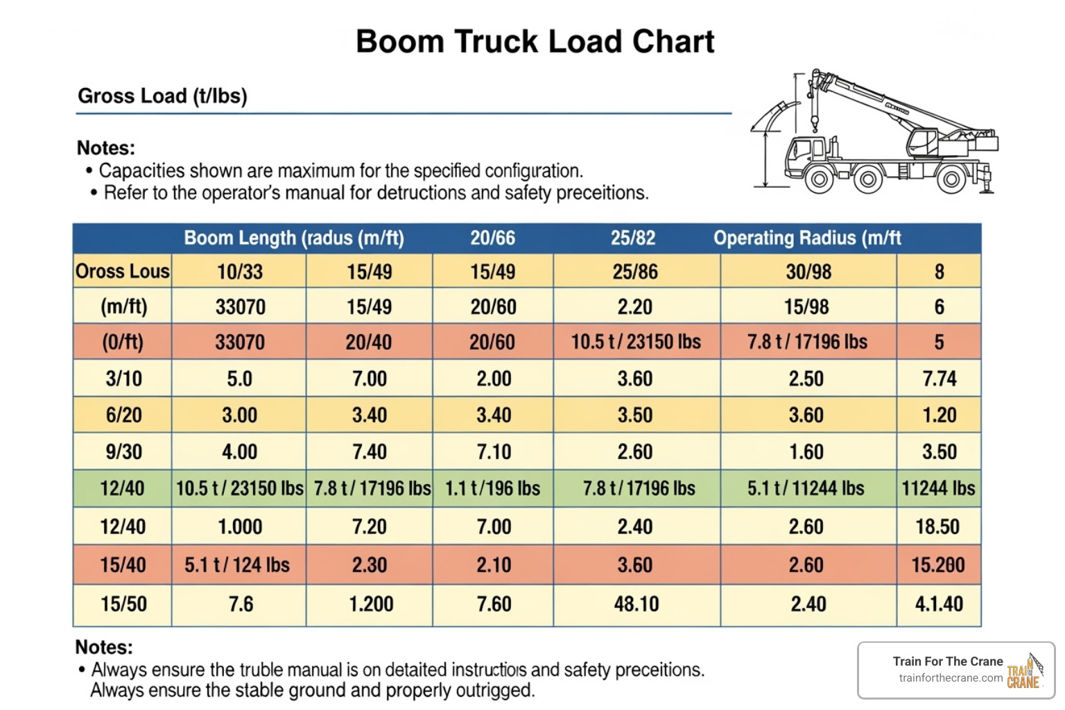 Sample boom truck load chart illustrating capacity based on radius and boom length - boom truck safety training
