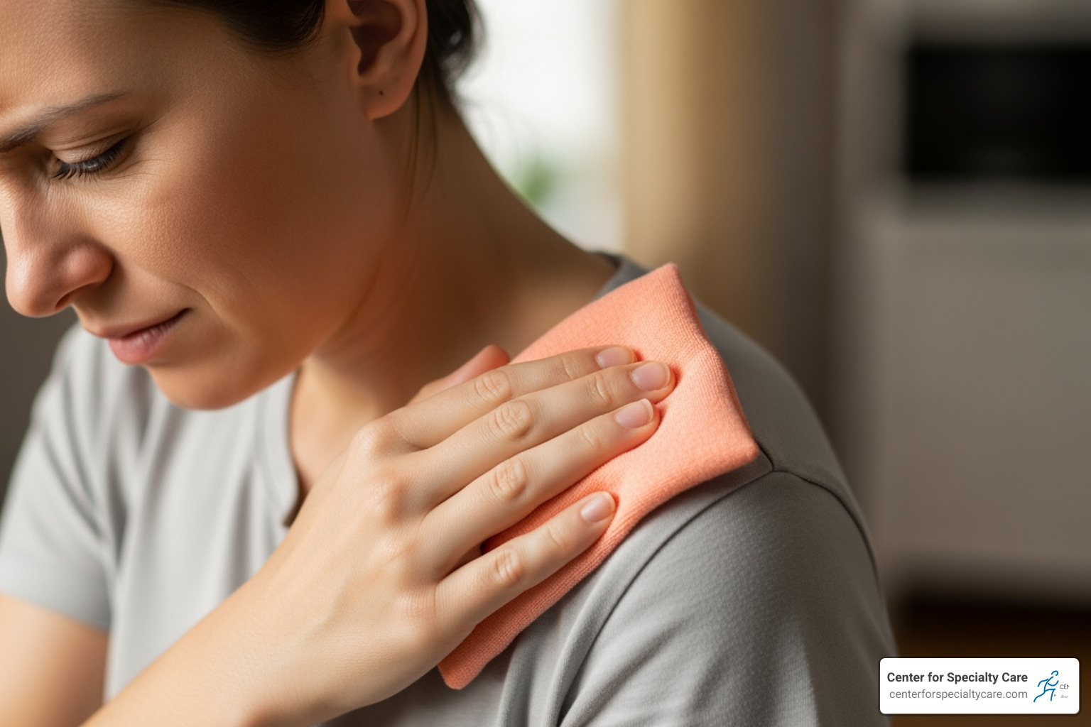 A person applying a warm compress to their shoulder to relieve muscle and tendon pain - heat for tendonitis