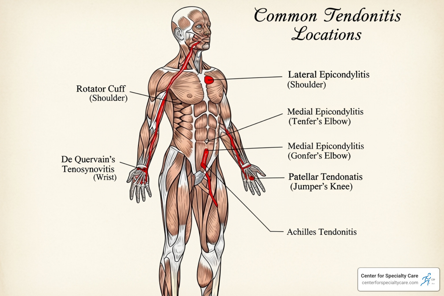 Common areas for tendonitis including the shoulder, elbow, wrist, knee, and Achilles tendon - heat for tendonitis