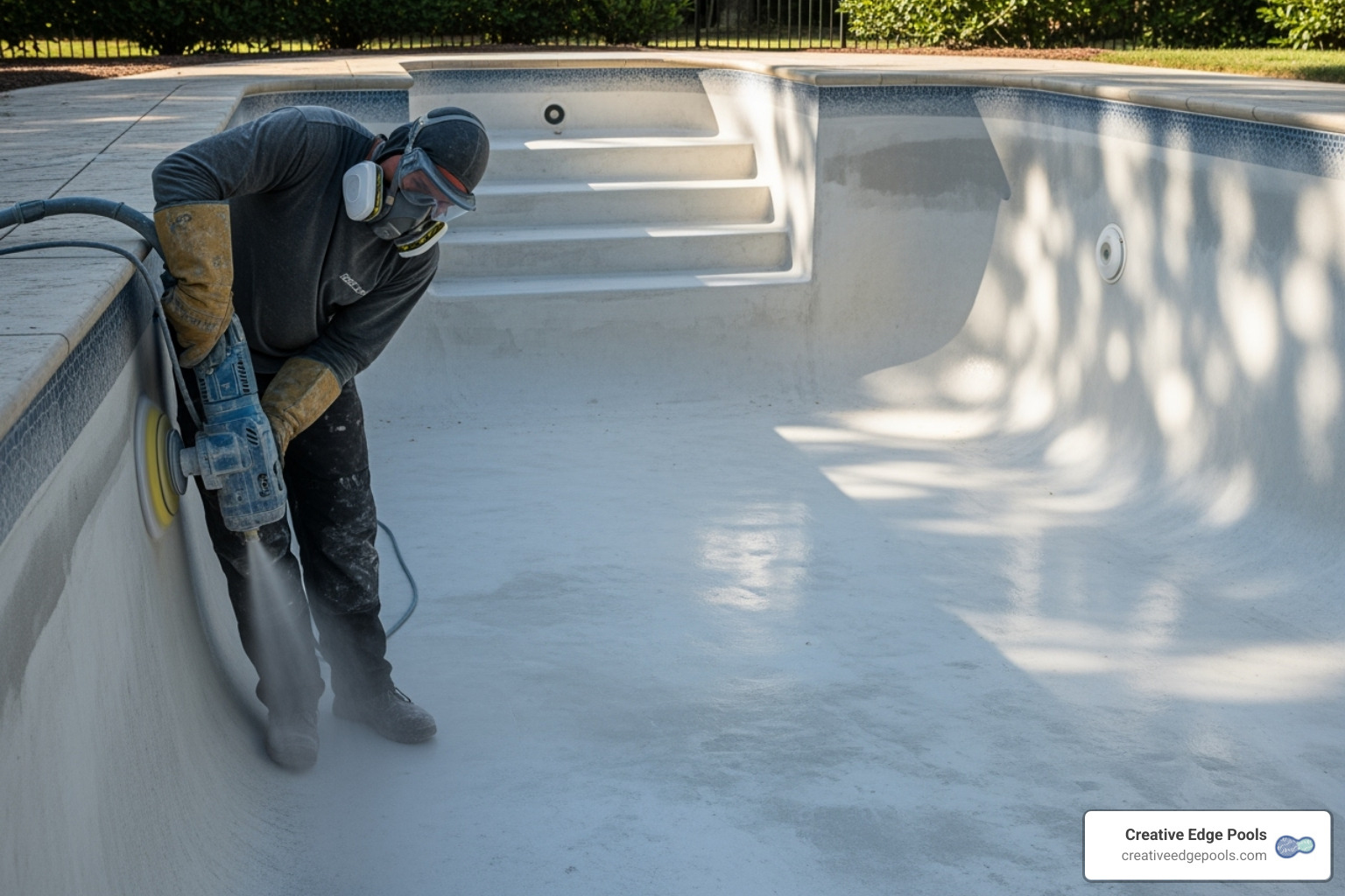 Person in safety gear carefully sanding a gunite pool wall with a wet polisher - sanding pool plaster