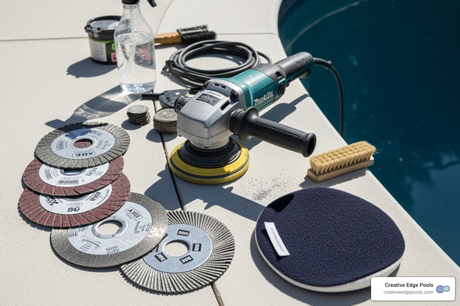 Essential tools for sanding pool plaster laid out neatly by a gunite pool - sanding pool plaster