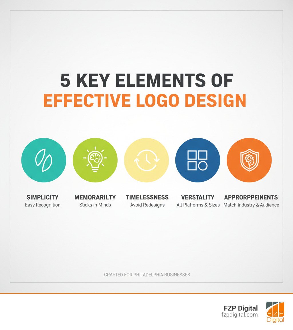 Infographic showing the 5 key elements of effective logo design: Simplicity for easy recognition, Memorability to stick in customers' minds, Timelessness to avoid frequent redesigns, Versatility to work across all platforms and sizes, and Appropriateness to match your industry and target audience - logo designers in philadelphia infographic Infographic showing the 5 key elements of effective logo design: Simplicity for easy recognition, Memorability to stick in customers' minds, Timelessness to avoid frequent redesigns, Versatility to work across all platforms and sizes, and Appropriateness to match your industry and target audience - logo designers in philadelphia infographic
