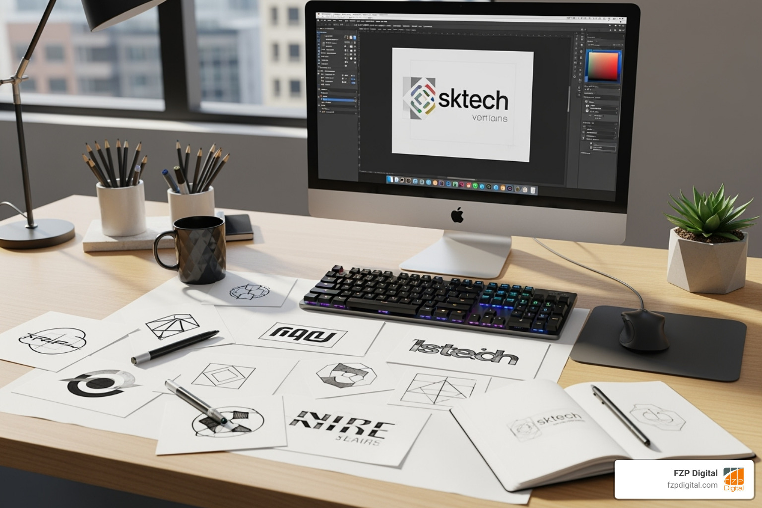 Designer's desk with logo sketches and a computer - logo designers in philadelphia Designer's desk with logo sketches and a computer - logo designers in philadelphia