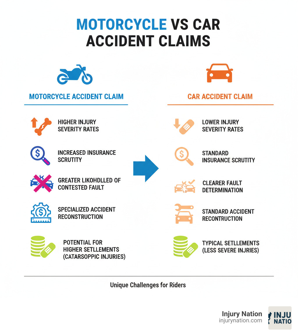 Infographic showing motorcycle accident claim vs car accident claim differences including higher injury severity rates, increased insurance company scrutiny, greater likelihood of contested fault, need for specialized accident reconstruction, and higher potential settlements due to catastrophic injuries - motorcycle accident attorney infographic 