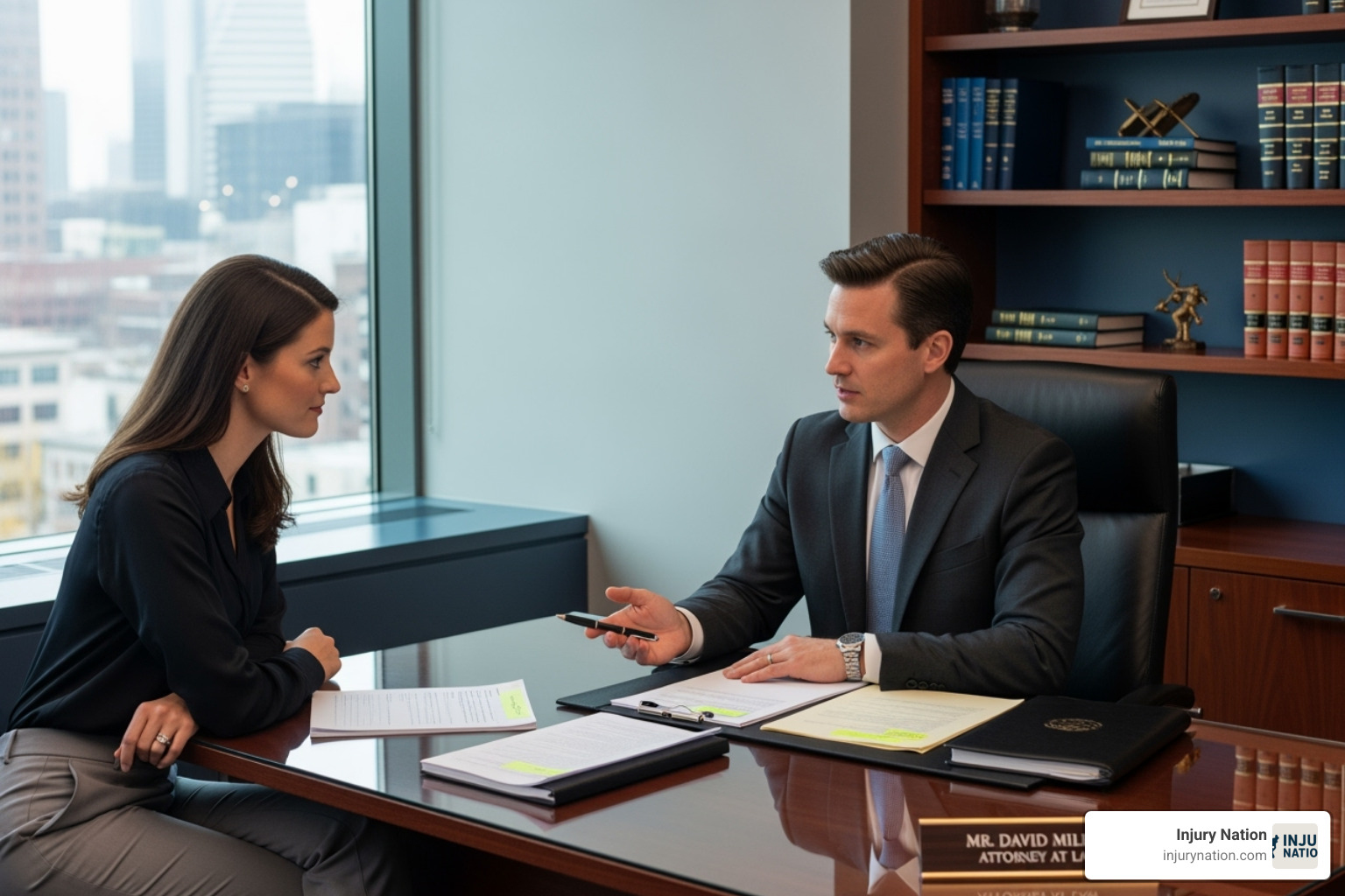 Client meeting with an attorney in an office - motorcycle accident attorney