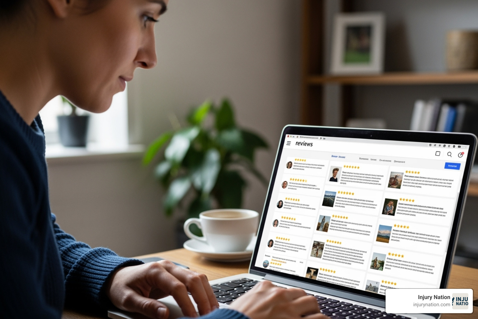 Person reading reviews on a laptop - motorcycle accident attorney