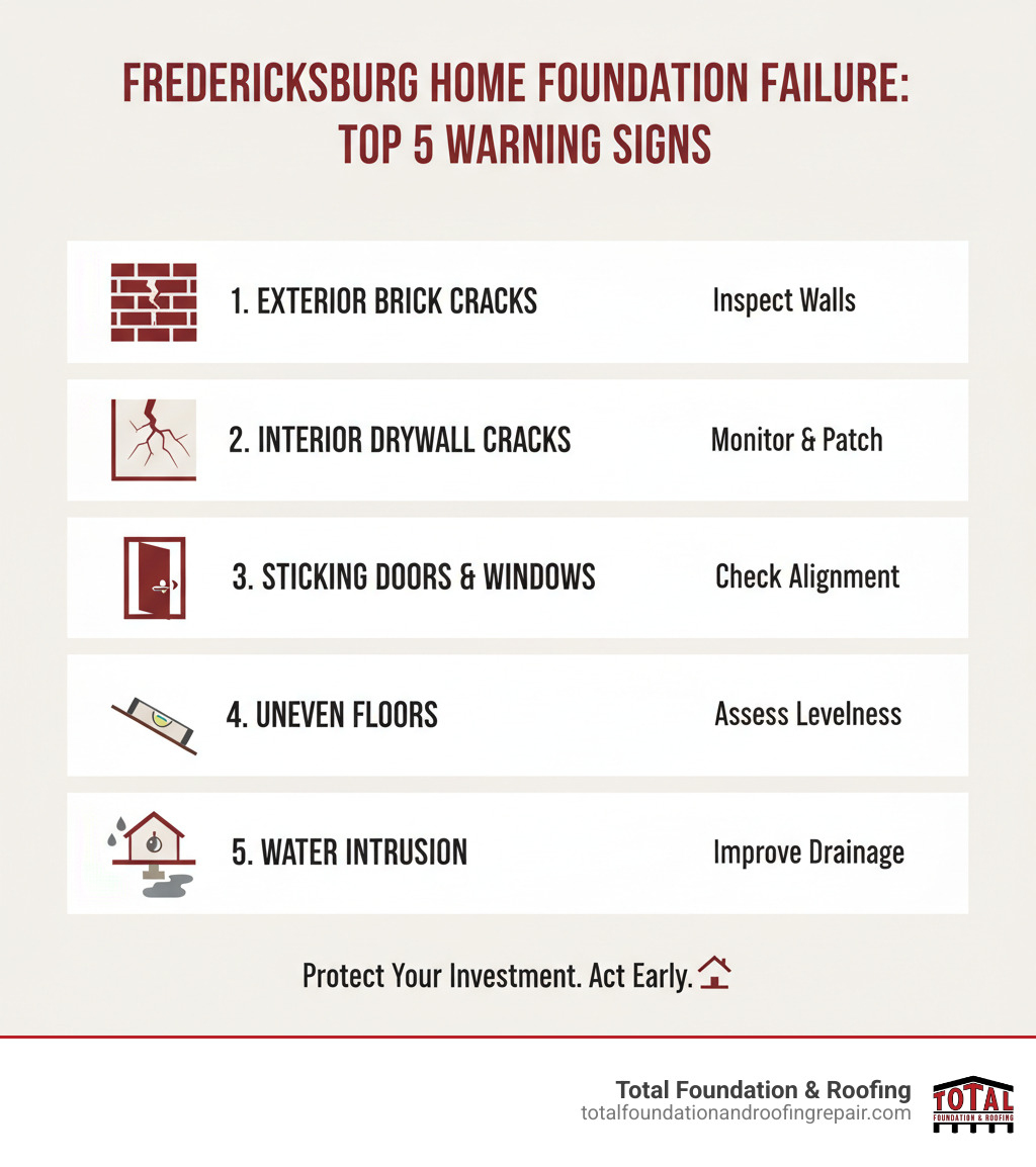 Infographic showing the top 5 warning signs of foundation failure in Fredericksburg homes: exterior brick cracks, interior drywall cracks, sticking doors and windows, uneven floors, and water intrusion, with illustrations of each problem and recommended action steps - foundation repair fredericksburg infographic 