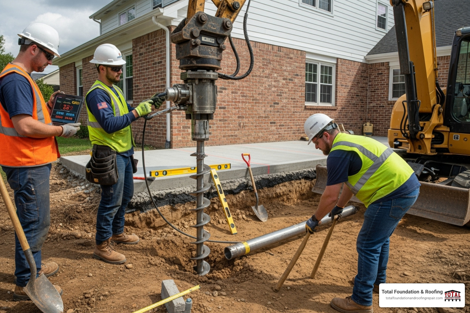 foundation repair team installing helical piers - foundation repair fredericksburg