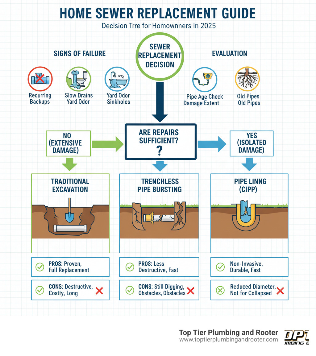 Infographic showing residential sewer replacement decision tree with signs of failure, evaluation methods like camera inspection, and three main replacement options: traditional excavation showing trench digging, trenchless pipe bursting with new pipe installation, and pipe lining with CIPP process, including pros and cons of each method - residential sewer replacement infographic 