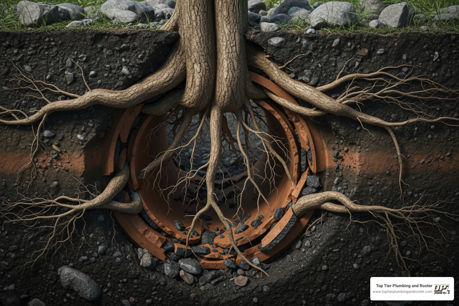 tree roots that have broken through a sewer pipe - residential sewer replacement