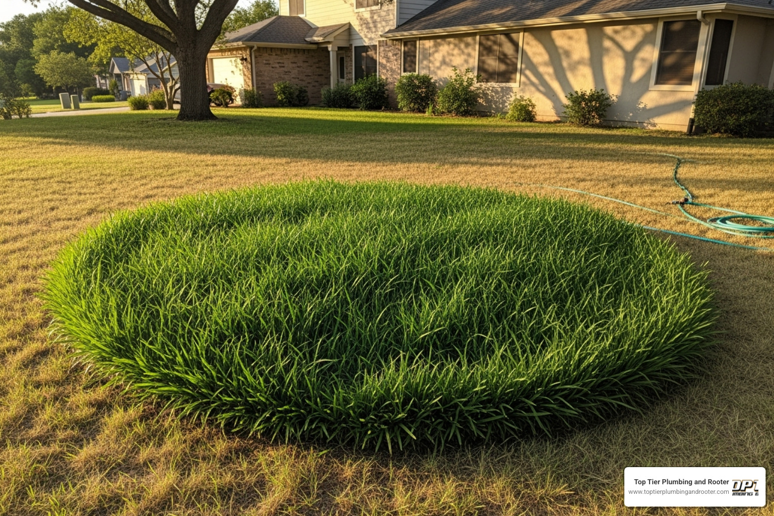 unusually green patch of grass in a yard - residential sewer replacement