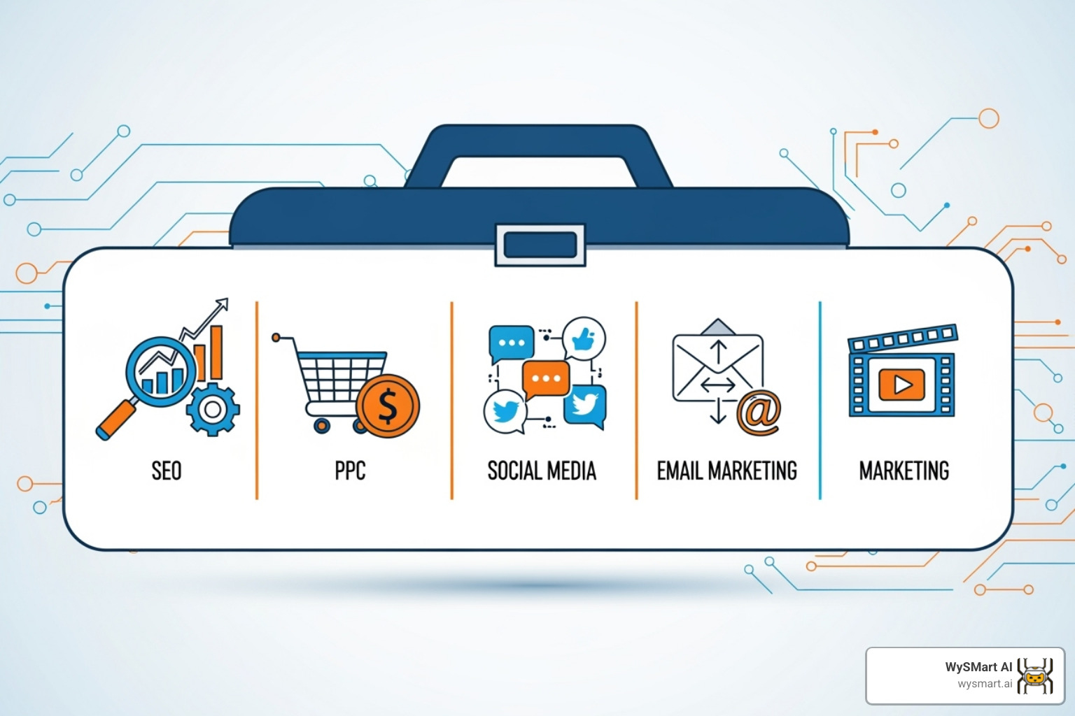 digital toolbox with icons for SEO, PPC, Social Media, Email, and Video, symbolizing a comprehensive strategy - Digital marketing for contractors digital toolbox with icons for SEO, PPC, Social Media, Email, and Video, symbolizing a comprehensive strategy - Digital marketing for contractors