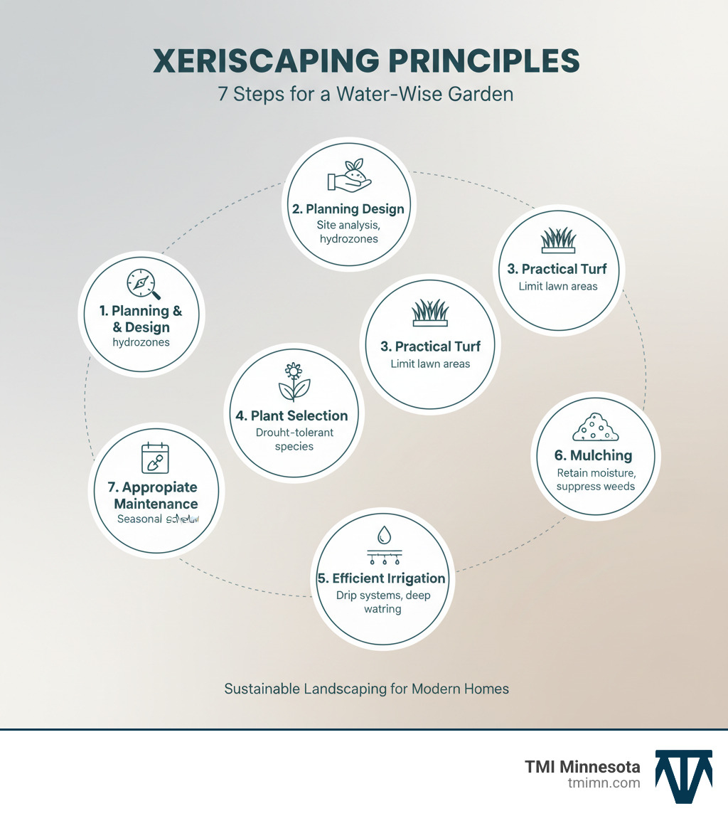 Infographic showing the 7 principles of xeriscaping: Planning and Design with site analysis and hydrozones, Soil Improvement through organic amendments, Practical Turf Areas limiting lawn to functional spaces, Appropriate Plant Selection using native drought-tolerant species, Efficient Irrigation with drip systems and deep watering, Mulching for moisture retention and weed suppression, and Appropriate Maintenance with seasonal care schedules - xeriscape garden infographic 