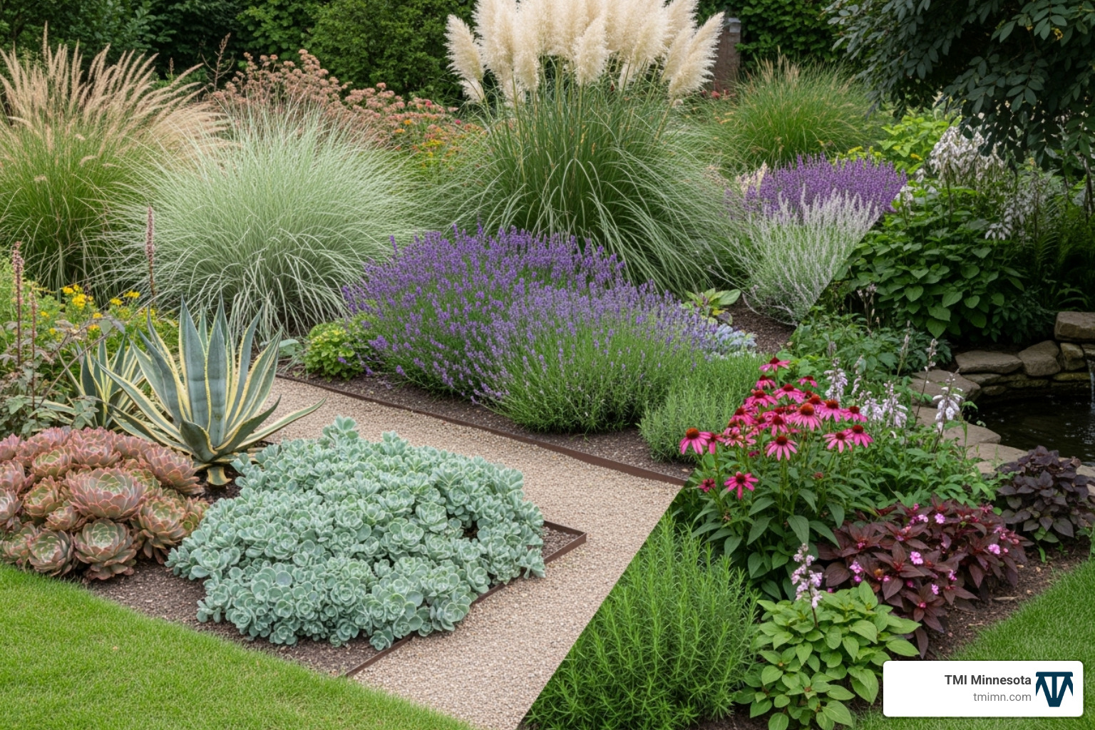 image illustrating the concept of hydrozoning with different plant groups - xeriscape garden
