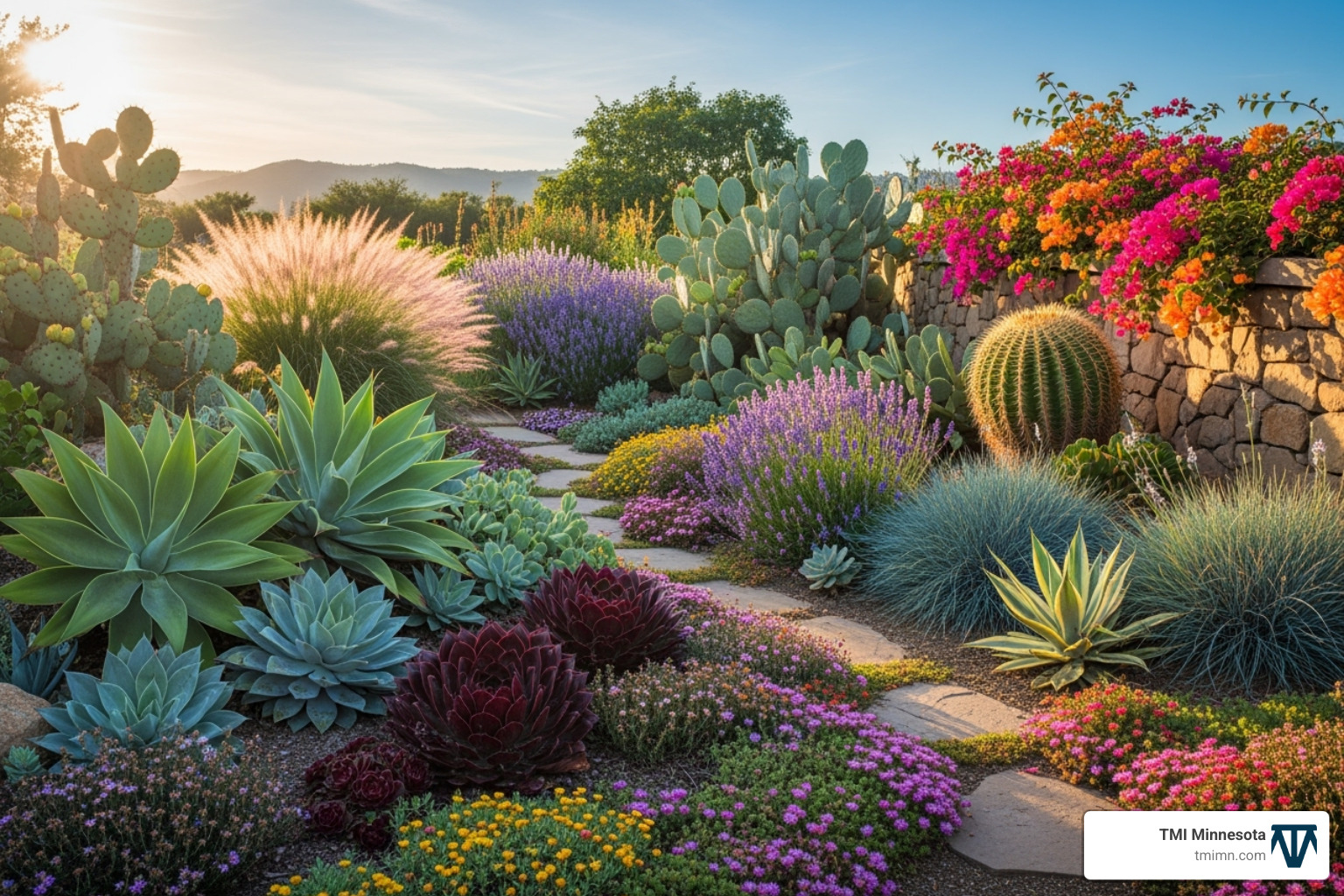 image of diverse drought-tolerant plants with varied colors and textures - xeriscape garden