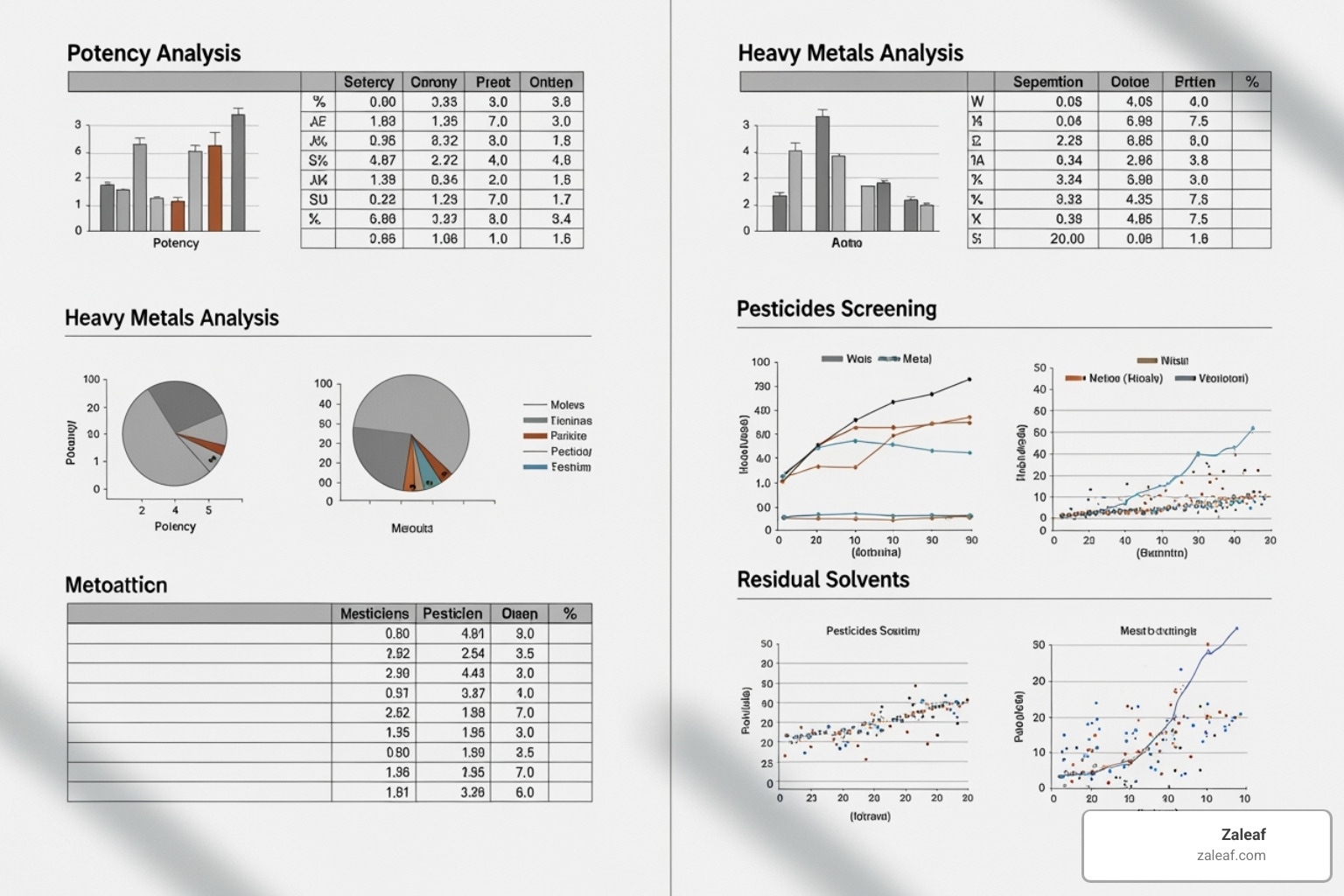 A detailed image of a Certificate of Analysis (COA) lab report, with sections clearly annotated to highlight cannabinoid potency, heavy metal testing, pesticide screening, and solvent analysis results - safe and legal