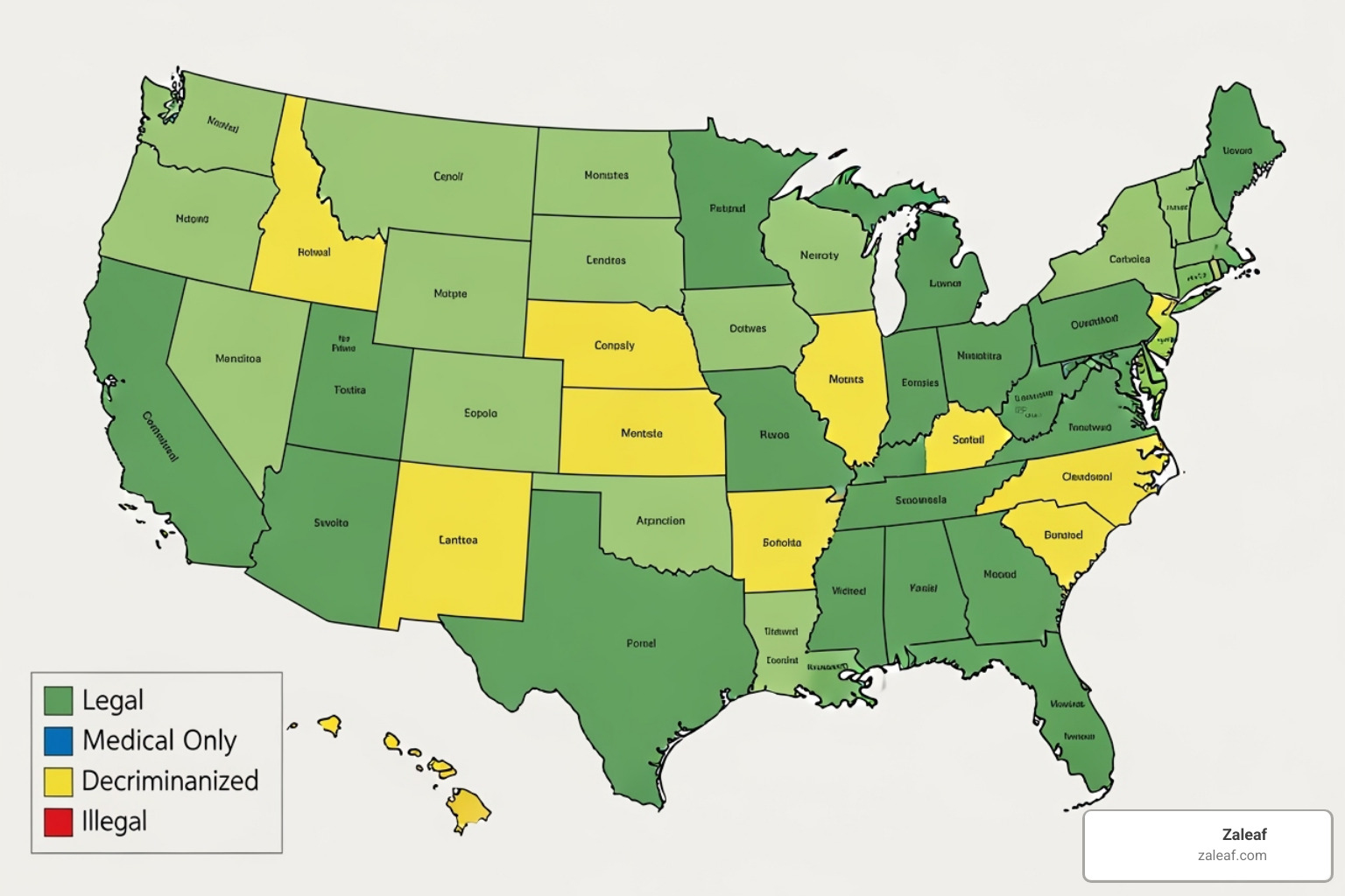 A map of the United States with states color-coded to indicate their legal status of hemp-derived products, distinguishing between legal, restricted, and prohibited - safe and legal