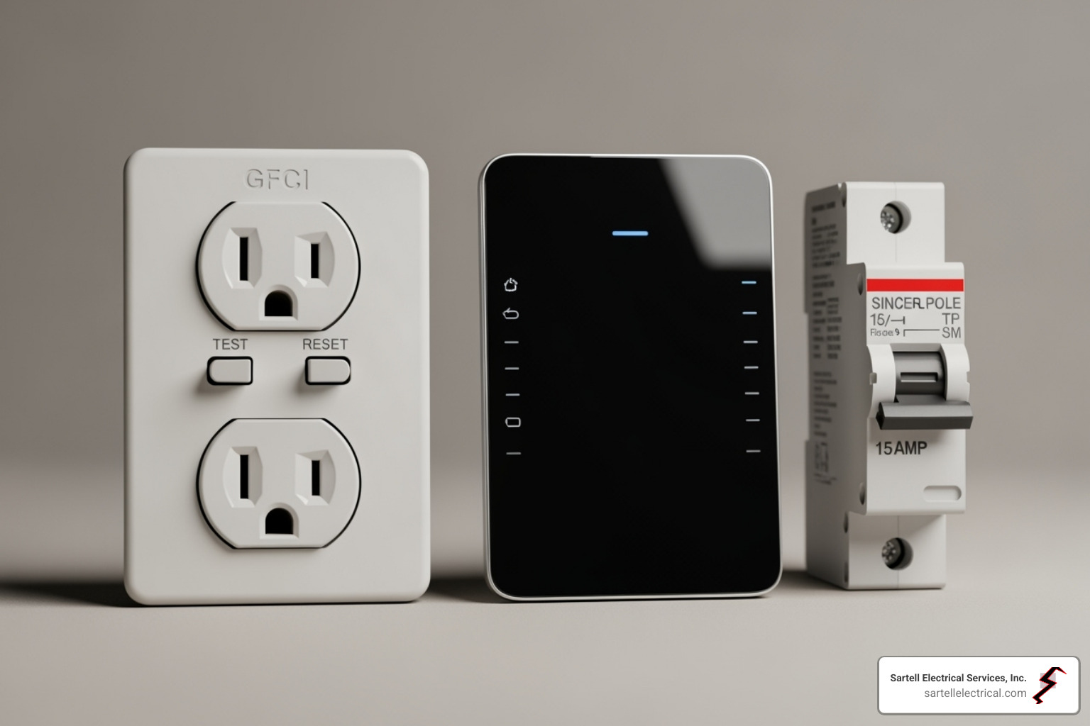 various electrical components like a GFCI outlet, a smart switch, and a circuit breaker - electrical troubleshooting cost