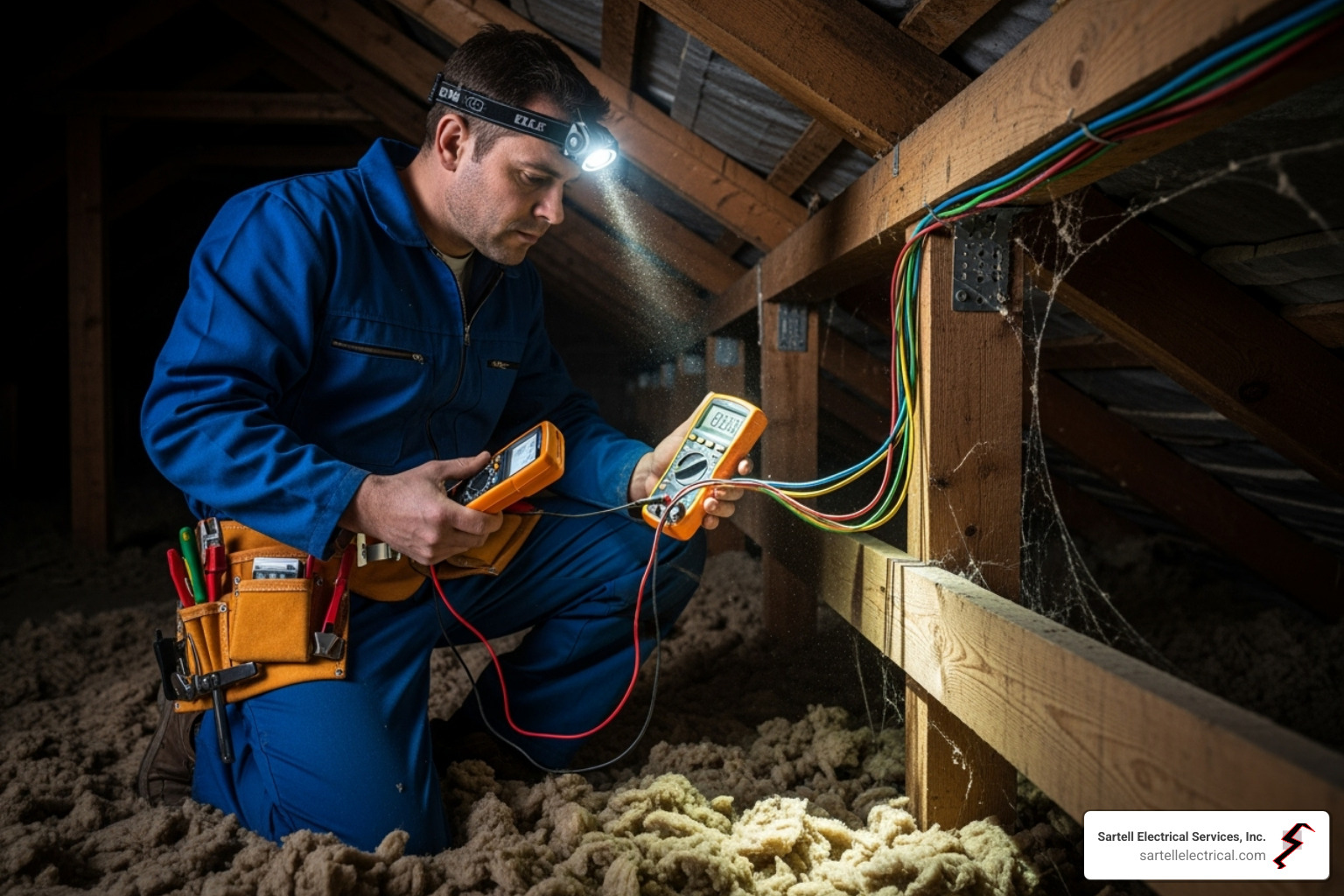 Sartell Electrical Services electrician working in a hard-to-reach attic space - electrical troubleshooting cost