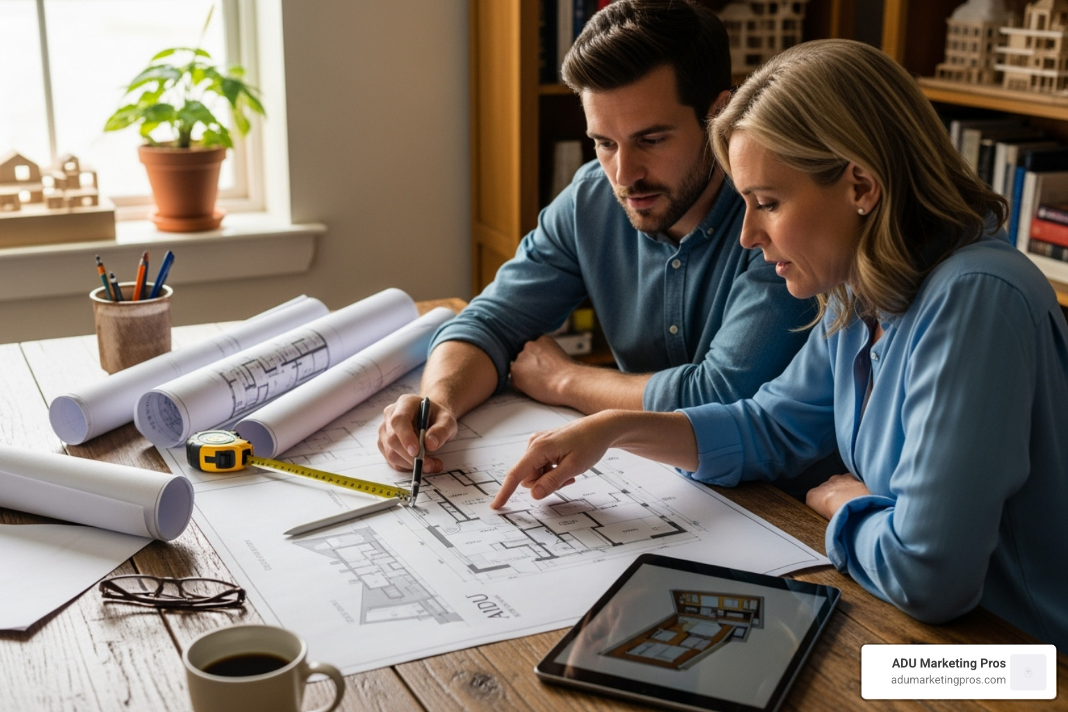 An architect and a homeowner reviewing architectural blueprints for an ADU project on a wooden table, pointing to details on the plan. - adu construction near me