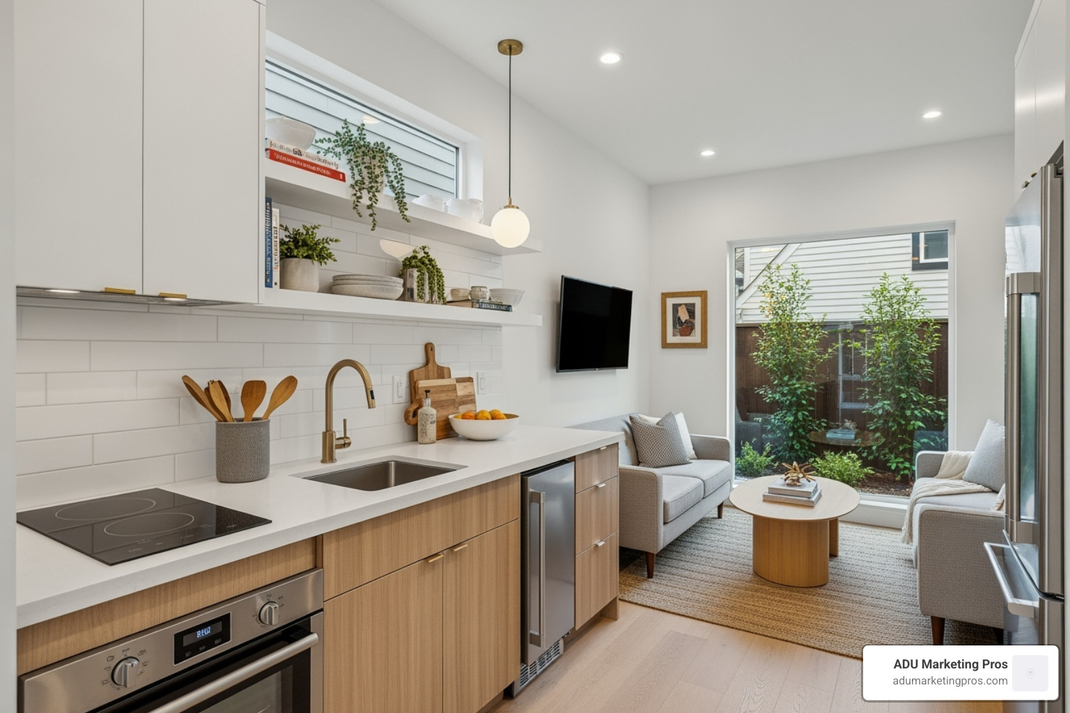 A bright, modern ADU interior showcasing a compact kitchen and living area, designed for maximum functionality, with natural light streaming in. - adu construction near me