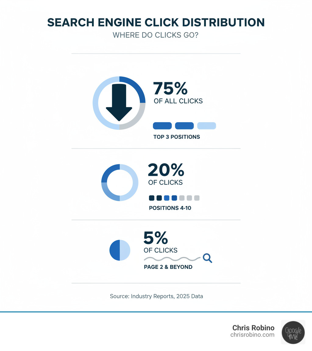 Infographic showing the distribution of clicks across search engine results positions, with the top 3 positions receiving 75% of all clicks, position 4-10 receiving 20%, and page 2 and beyond receiving only 5% - search engine rankings tips infographic 