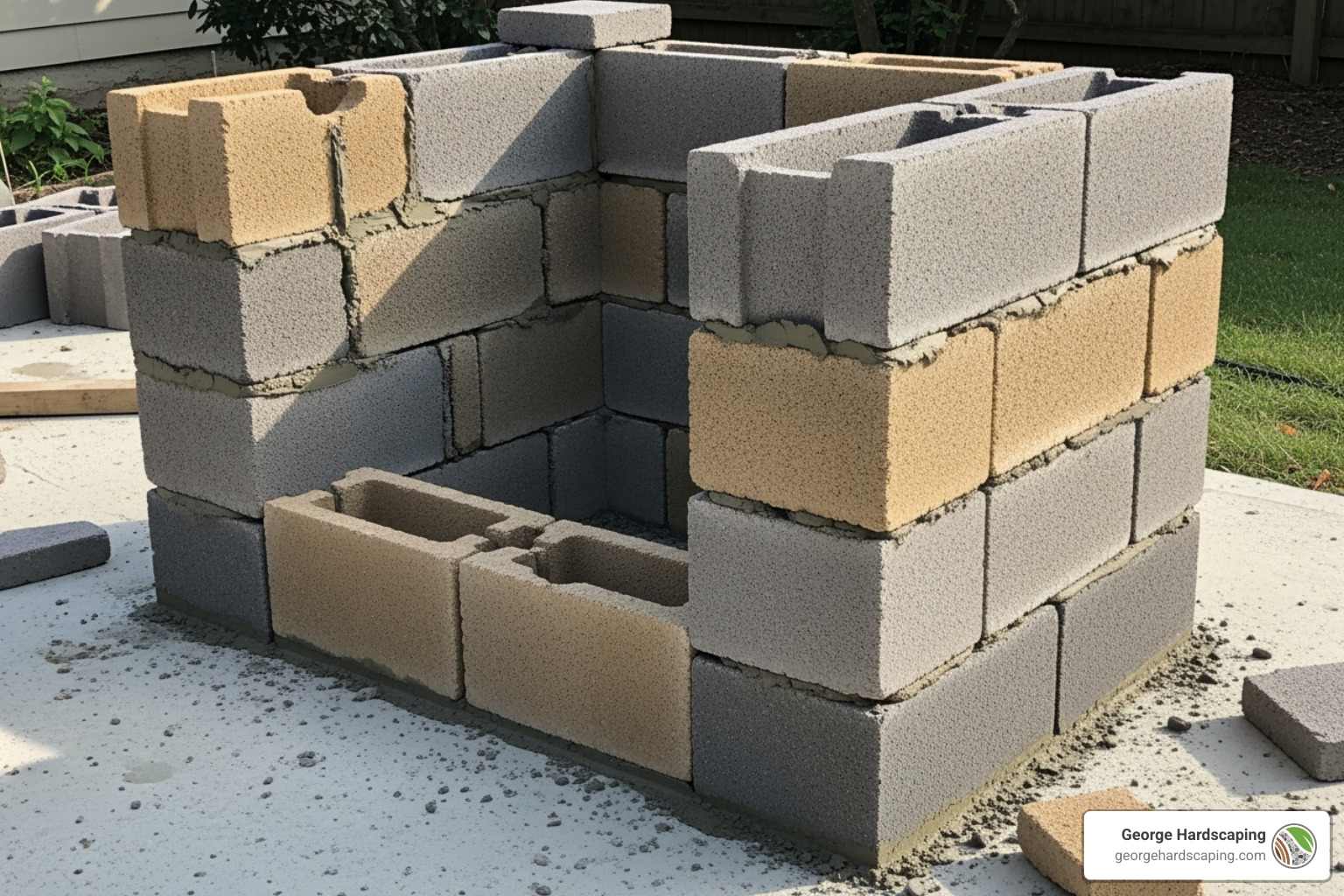 Partially assembled modular outdoor fireplace kit on a concrete base, displaying interlocking blocks before finishing. - outdoor fireplace kit