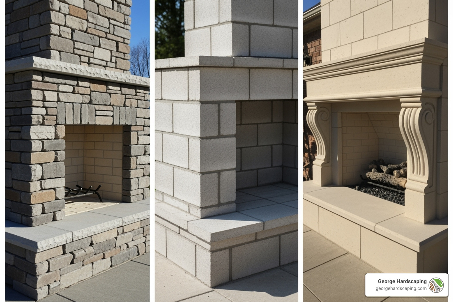 Collage of outdoor fireplace kit materials: stacked stone, concrete block, and cast stone options. - outdoor fireplace kit